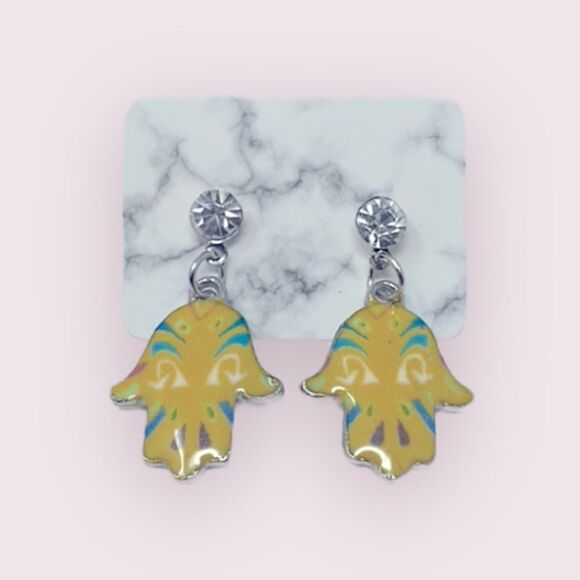 Hamsa Hand Yellow Rhinestone Studs Post Earrings - Picture 1 of 6